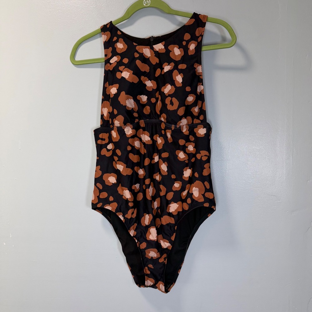 Shade & Shore Womens Leopard Print High Neck One Piece Swimsuit Back Zip Large